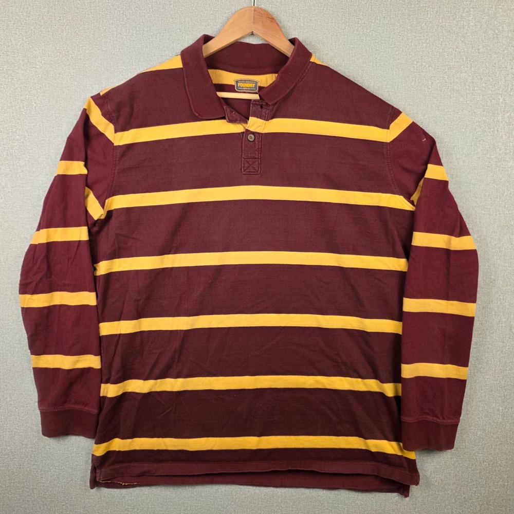 The Foundry Supply Mens XLT Tall Rugby Shirt Burgundy Gold Striped Long Sleeve